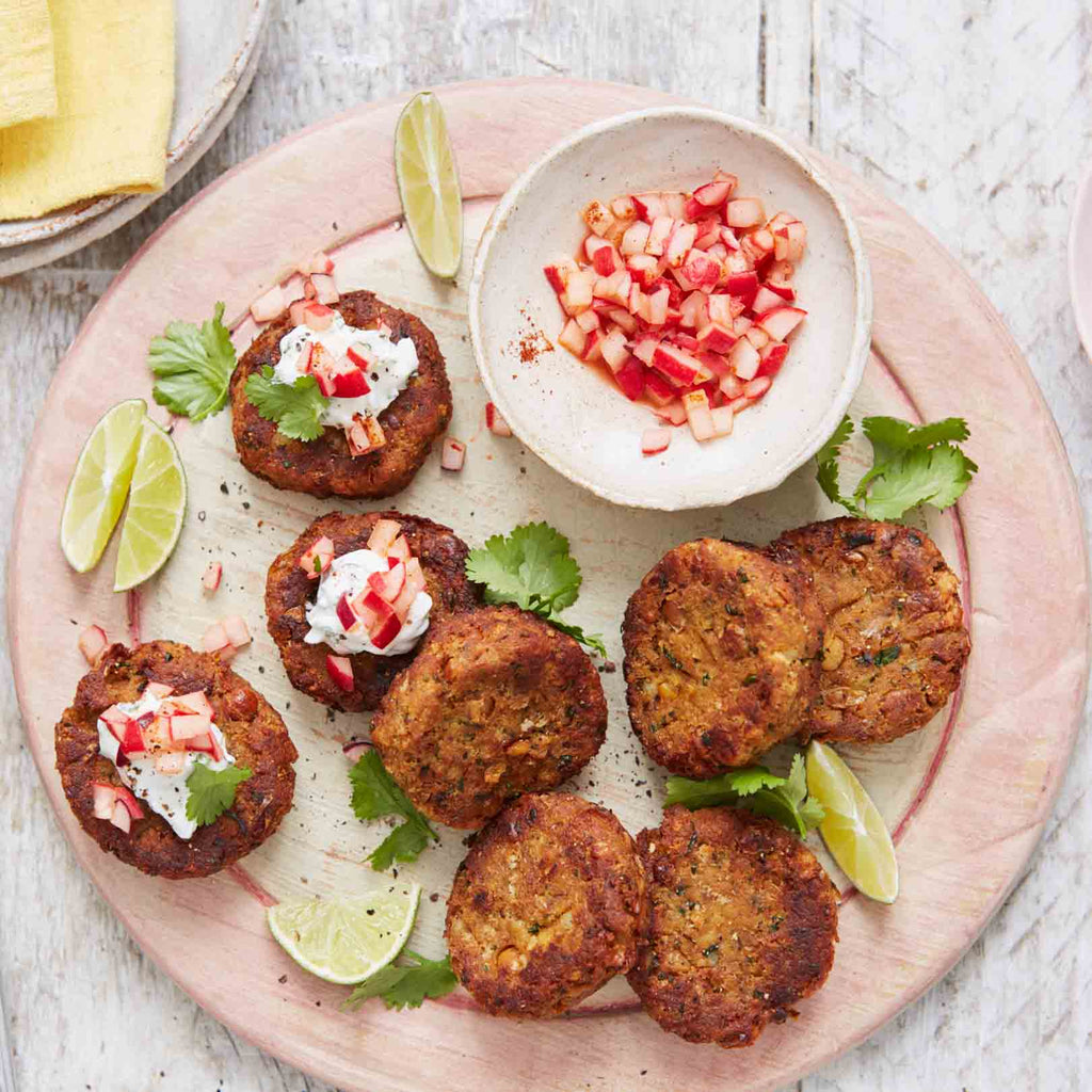 Spiced Chickpea Cakes with a Radish and Yoghurt Topping