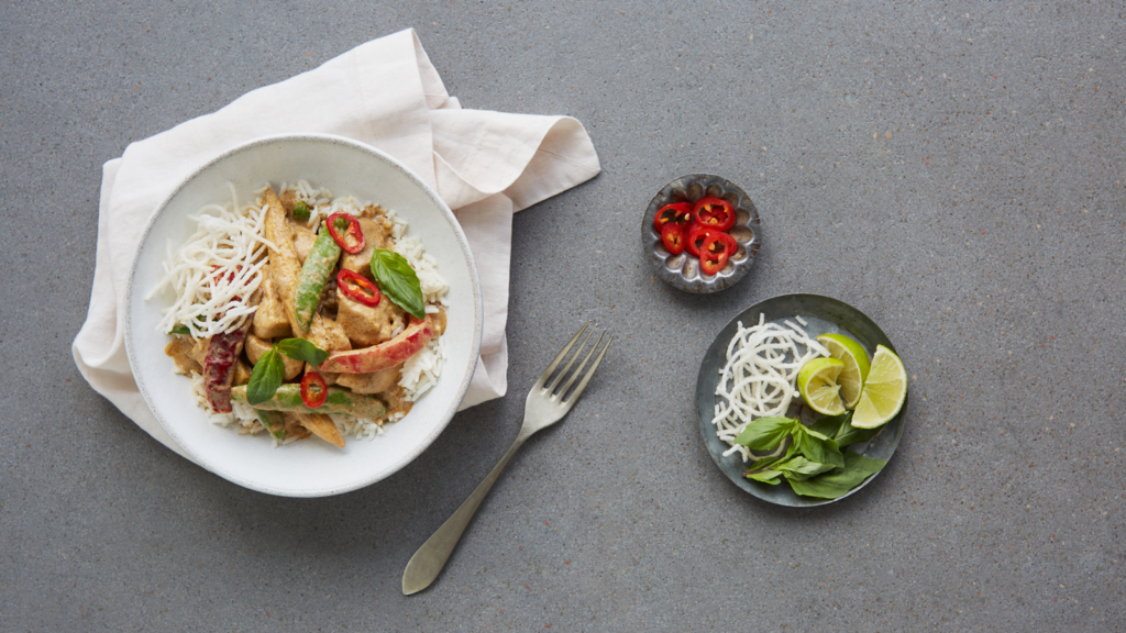 Thai Red Chicken Curry with Asian Vegetables and Crispy Rice Noodles - The Spice Tailor AUS